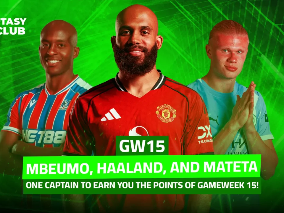 Three smiling players wearing their club jerseys—Crystal Palace, Manchester United, and Manchester City—featured in an image for **GW15** of the *Fantasy 24 Club* game. The visual highlights the message: **“Mbeumo, Haaland, and Mateta… one captain who can deliver your Gameweek 15 points!”