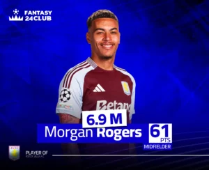 صورة للاعب خط وسط أستون فيلا، مورغان روجرز، مرتديًا قميص الفريق العنابي. تبلغ قيمته 6.9 مليون نقطة وحقق 61 نقطة في اللعبة.