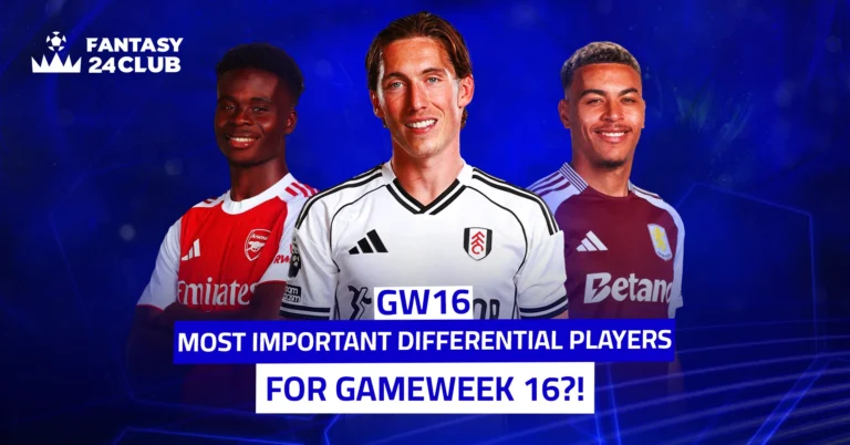 An image featuring three players from different clubs set against a blue background, with the Fantasy 24 Club logo and text highlighting the top differentials for Gameweek 16.