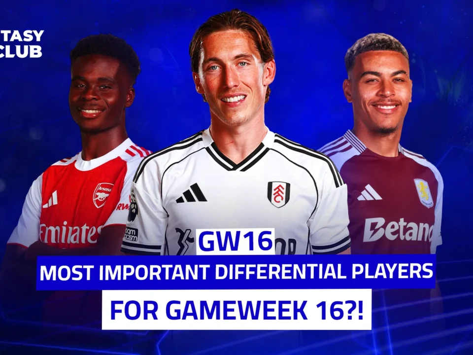 An image featuring three players from different clubs set against a blue background, with the Fantasy 24 Club logo and text highlighting the top differentials for Gameweek 16.