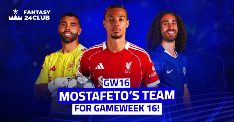 A promotional image for a **Fantasy Football team** named "Mostafeto"for Gameweek 16 (GW16)