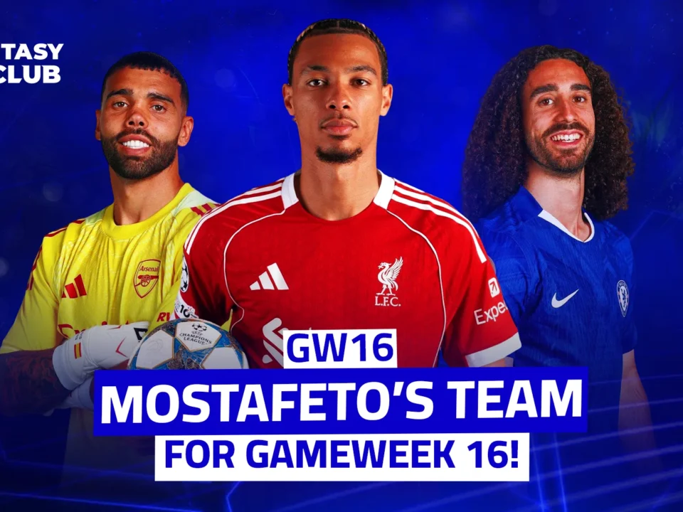 A promotional image for a **Fantasy Football team** named "Mostafeto"for Gameweek 16 (GW16)