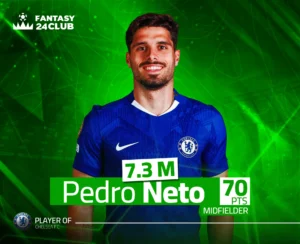 صورة للاعب كرة قدم، بيدرو نيتو، يرتدي قميص تشيلسي، تقدر قيمته بـ $7.3$ مليون، وحقق $70$ نقطة، ومركزه خط وسط في لعبة فانتازي.