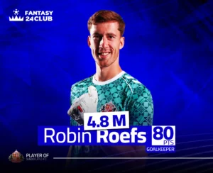 حارس سندرلاند روبن روفس بقميصه المزخرف، مع بياناته في لعبة الفانتازي: السعر 4.8 مليون والنقاط 80 نقطة.