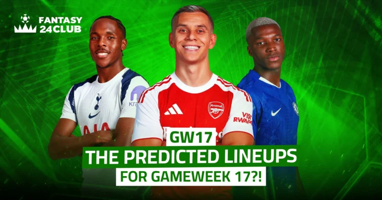 An image from Fantasy 24 Club showcasing the predicted lineups for Premier League Gameweek 17, featuring Leandro Trossard, Moisés Caicedo, and Micky van de Ven at the top.