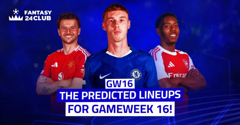An image related to **Fantasy Football**, specifically highlighting **predicted lineups for Gameweek 16 (GW16)**. It features three high-profile players from **Manchester United, Chelsea, and Arsenal**.