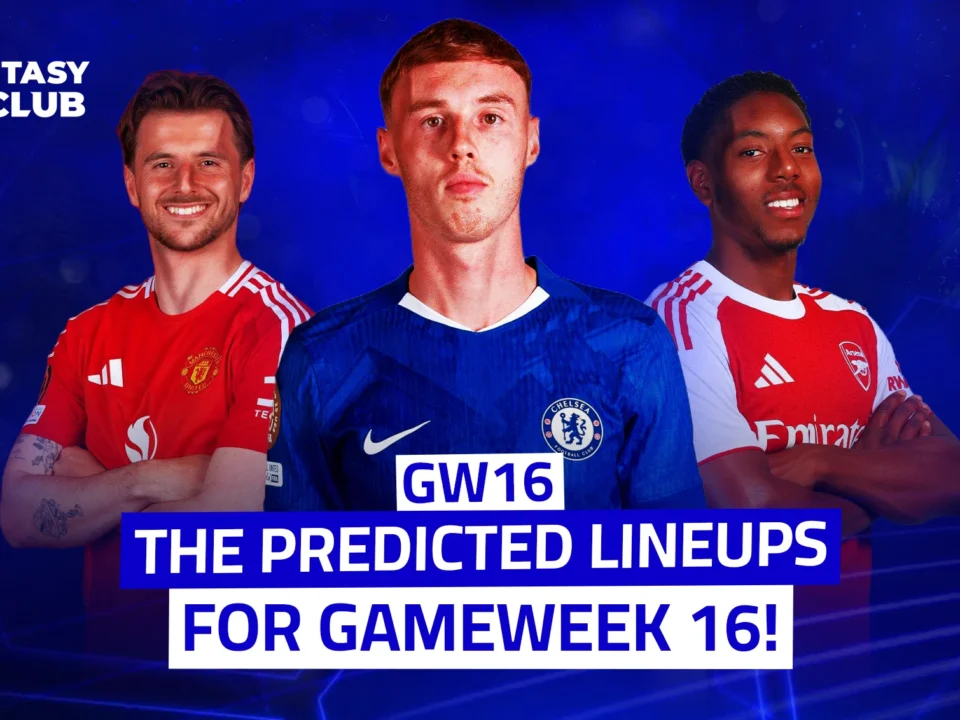 An image related to **Fantasy Football**, specifically highlighting **predicted lineups for Gameweek 16 (GW16)**. It features three high-profile players from **Manchester United, Chelsea, and Arsenal**.