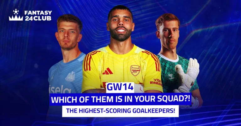 Three Premier League goalkeepers stand side by side, wearing their club jerseys, against a dark blue background featuring the Fantasy 24 Club logo. The image caption asks, "Which of them is in your squad?!" and highlights that they are the "highest point-scoring goalkeepers!"