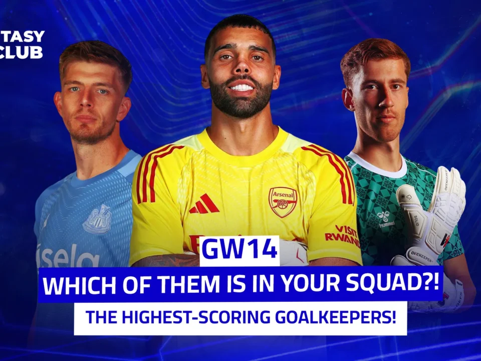 Three Premier League goalkeepers stand side by side, wearing their club jerseys, against a dark blue background featuring the Fantasy 24 Club logo. The image caption asks, "Which of them is in your squad?!" and highlights that they are the "highest point-scoring goalkeepers!"