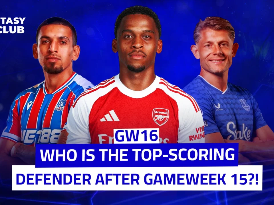 Three football stars stand against a blue background, with the central figure being an Arsenal player wearing a red jersey. Beneath them appears the text: “GW16. Who is the highest-scoring defender after 15 Gameweeks?”