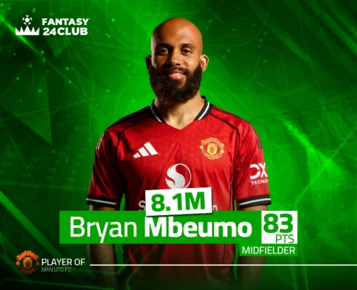 طاقة لاعب لبريان مبيومو (وسط) بقميص مانشستر يونايتد في Fantasy 24 Club؛ بسعر 8.1M وإجمالي 83 نقطة.