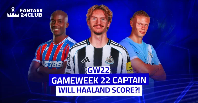 An image of three players: Mateta, Gordon, and Haaland, with text asking about the Gameweek 22 captain in Fantasy and whether Haaland will score goals this week.