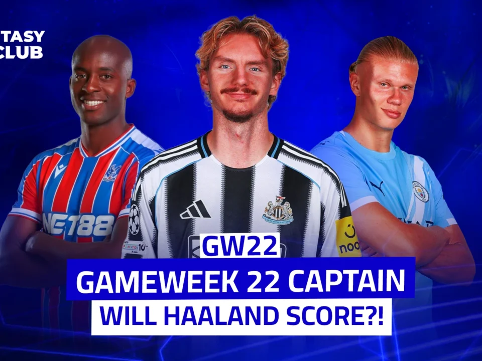 An image of three players: Mateta, Gordon, and Haaland, with text asking about the Gameweek 22 captain in Fantasy and whether Haaland will score goals this week.