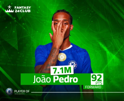 طاقة لاعب لجواو بيدرو مهاجم تشيلسي في Fantasy 24 Club؛ يظهر بسعر 7.1M وإجمالي نقاط بلغ 92 نقطة.