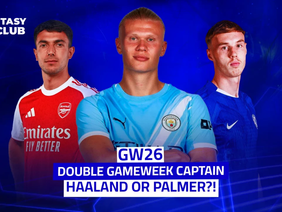 إرلينج هالاند وكول بالمر ومارتينيلي مع نص يتساءل عن كابتن الجولة 26 المزدوجة في فانتازي الدوري الإنجليزي.