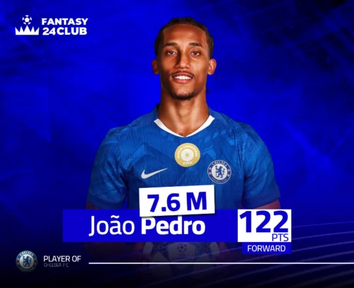 جواو بيدرو بقميص تشيلسي وسعره 7.6 مليون مع إجمالي نقاط 122 في فانتازي الدوري الإنجليزي.