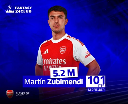 مارتن زوبيميندي بقميص أرسنال وسعره 5.2 مليون مع إجمالي 101 نقطة في فانتازي الدوري الإنجليزي.
